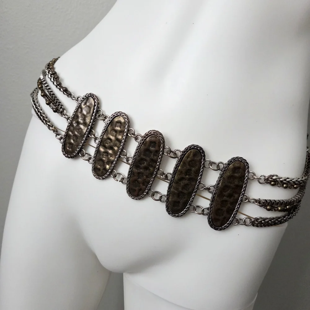 Chico's Wide Multi Chain Belt With Hammered Bronze Front Panels
